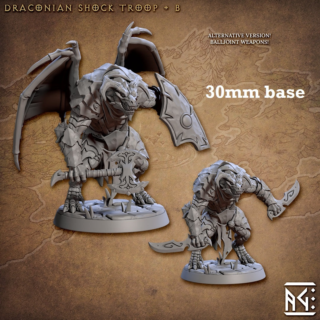 Image shows 3D renders of two sculpt options for a dragonborn warrior gaming miniature.