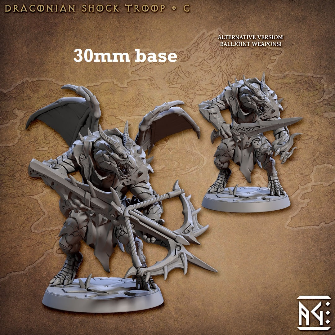 Image shows 3D renders of two sculpt options for a dragonborn warrior gaming miniature.