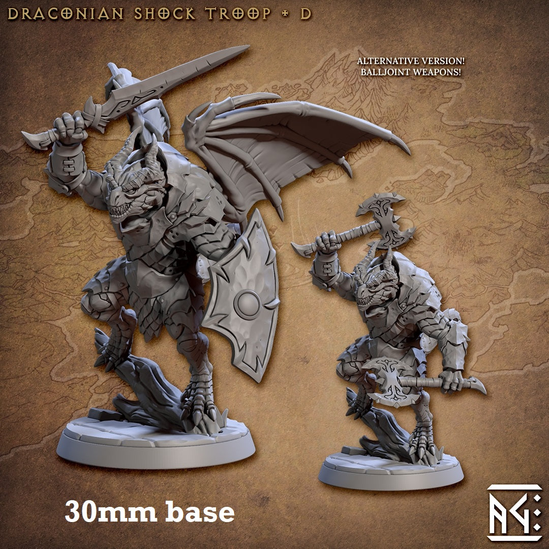 Image shows 3D renders of two sculpt options for a dragonborn warrior gaming miniature.