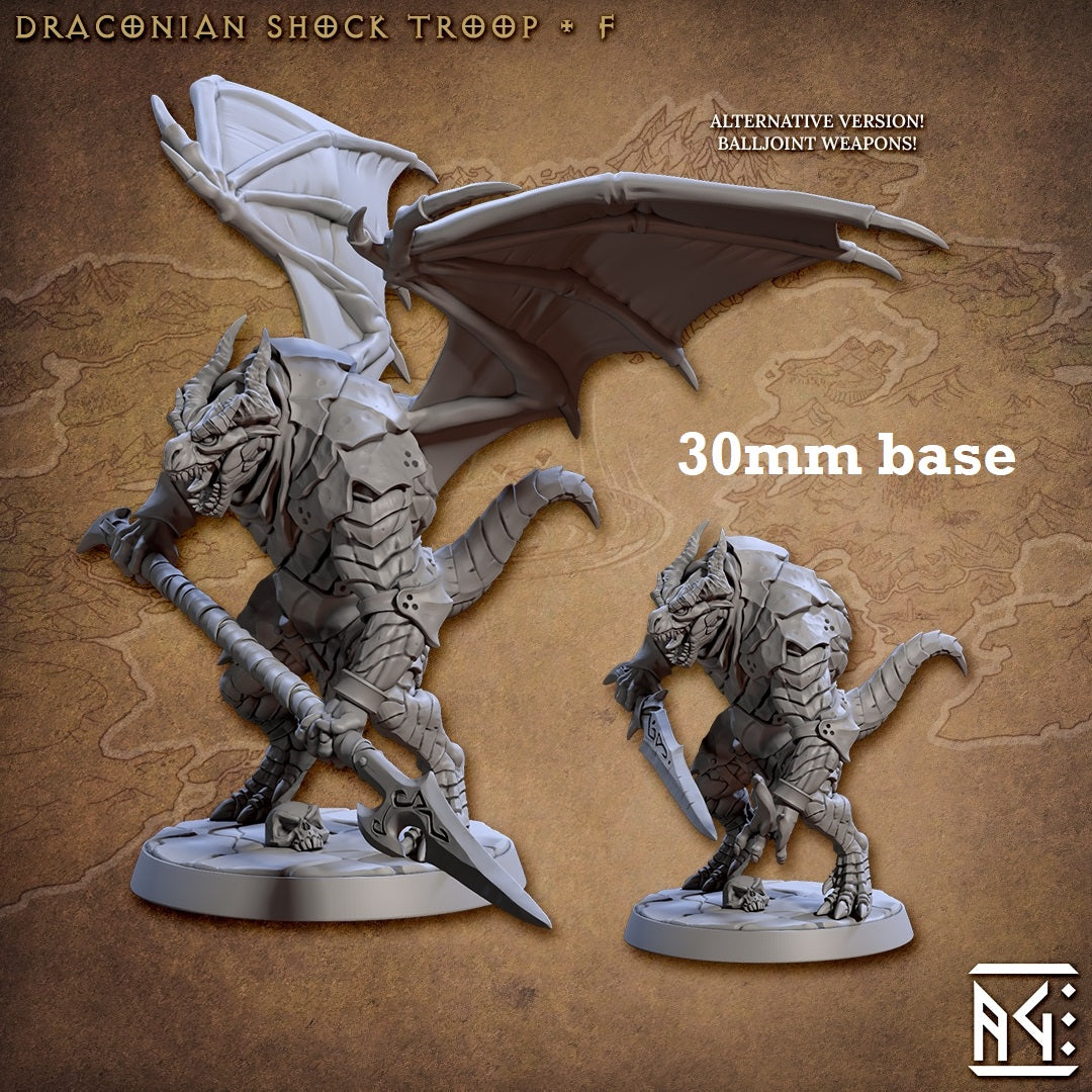Image shows 3D renders of two sculpt options for a dragonborn warrior gaming miniature.