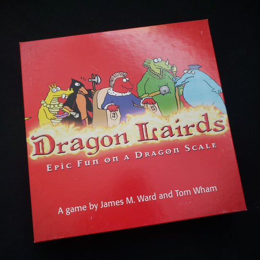 Image shows the front cover of the box of the Dragon Lairds board game