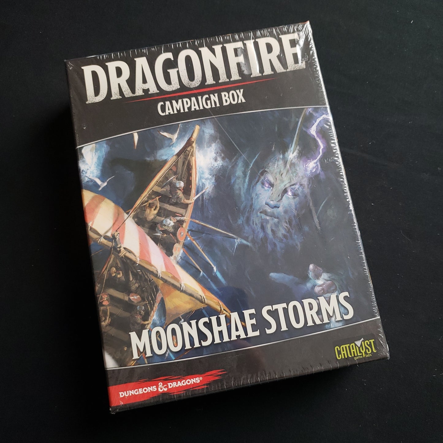 Image shows the front of the box for the Moonshae Storms Campaign Expansion for the Dragonfire board game