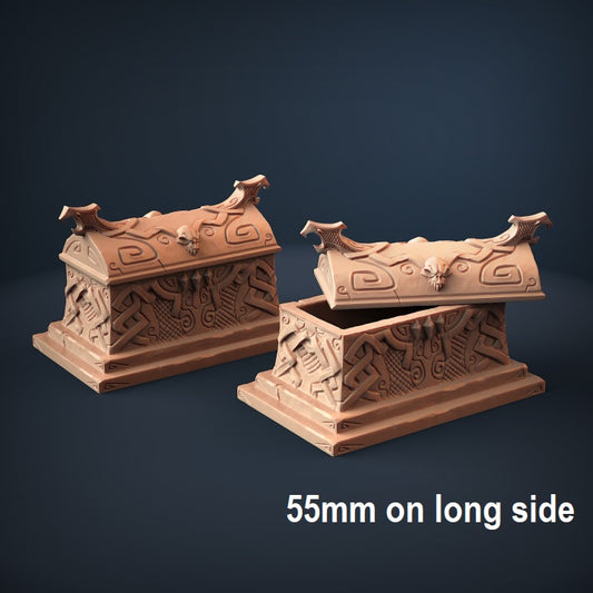 Image shows an 3D render of two positions of an ornate coffin piece of gaming miniature terrain, one open and one closed