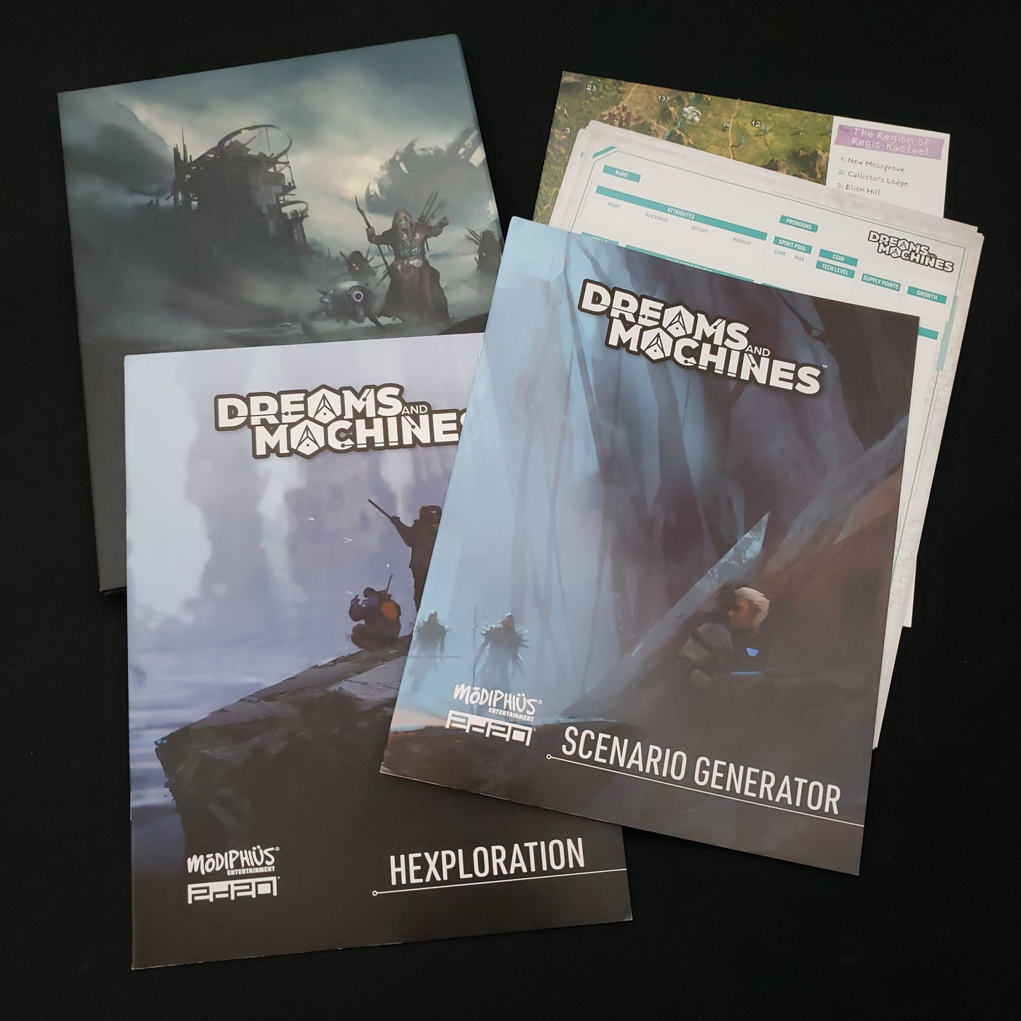 Image shows the front covers of the various booklets and stat sheets that make up the GM Toolkit for the Dreams and Machines roleplaying game
