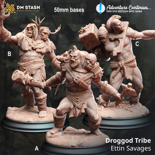 Image shows 3D renders of three different options for ettin gaming miniatures; a berserker, a magi and one throwing a large stone