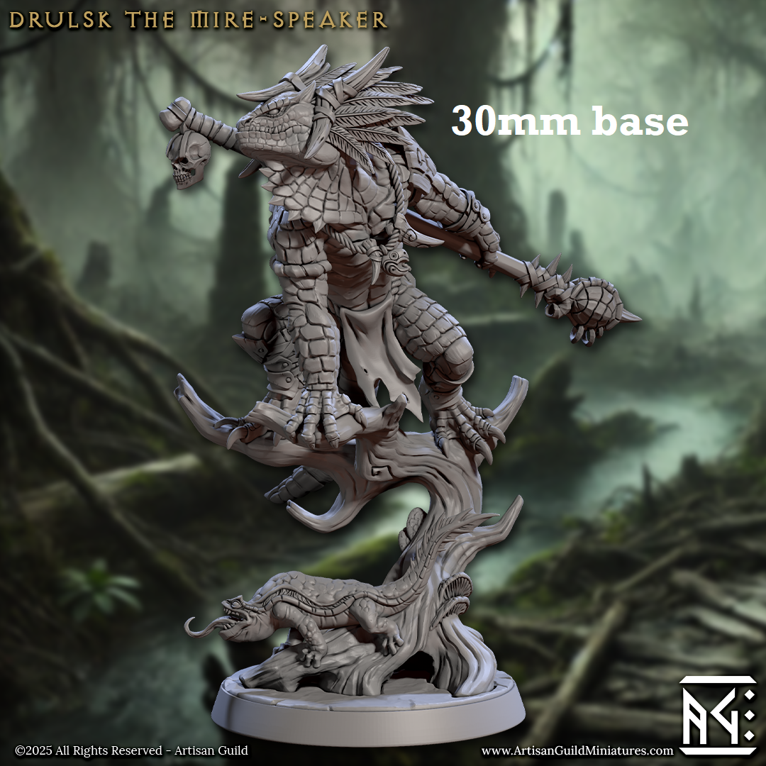 Image shows a 3D render of a lizardfolk druid gaming miniature.