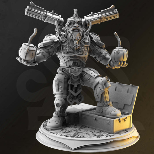 Image shows an 3D render of a dwarf artificer gaming miniature, holding a bombs in both hands with large guns mounted on his shoulders