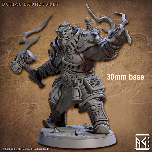 Image shows an 3D render of an orc sorcerer gaming miniature holding a magic hammer