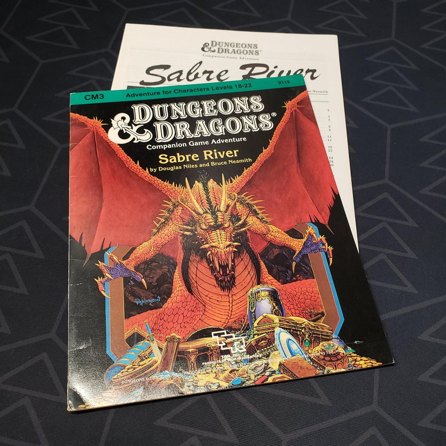 Image shows the front cover of the folio for the Sabre River adventure module for the roleplaying game Dungeons & Dragons: First Edition, with the booklet and fanned out
