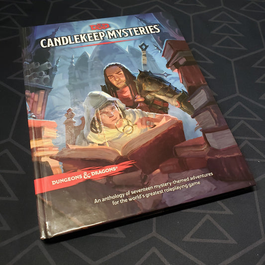 Image shows the front cover of the Candlekeep Mysteries book for the roleplaying game Dungeons & Dragons 5E