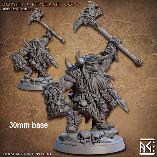 Image shows a 3D render of two options for a dwarf berserker gaming miniature, one wearing a helmet and one without