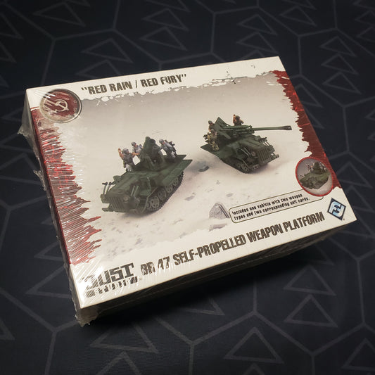 Image shows the front cover of the box of the BR 47 Self-Propelled Weapon Platform: "Red Rain / Red Fury" pack for the miniatures game Dust Tactics
