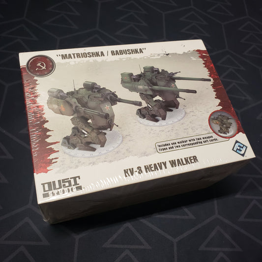 Image shows the front cover of the box of the KV-3 Heavy Walker: "Matrioshka / Babushka" pack for the miniatures game Dust Tactics