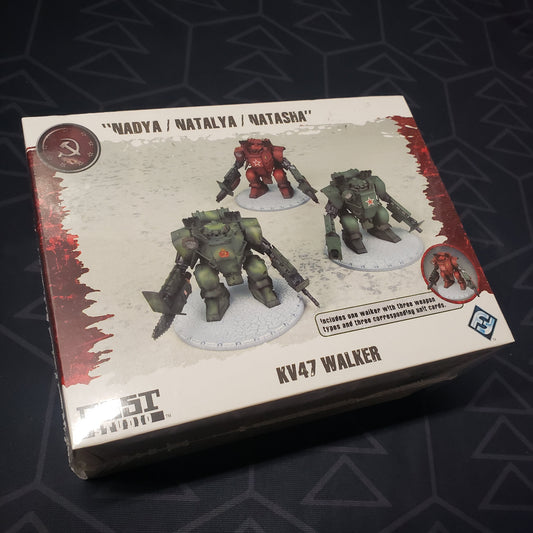 Image shows the front cover of the box of the KV47 Walker: "Nadya / Natalya / Natasha" pack for the miniatures game Dust Tactics