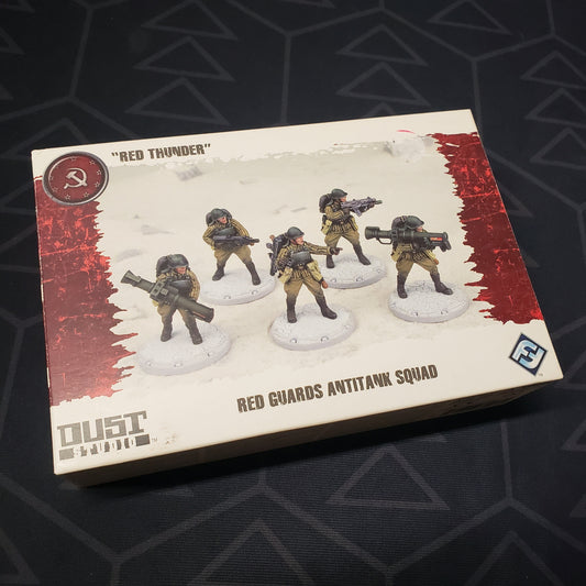 Image shows the front cover of the box of the Red Guards Anti-Tank Squad: "Red Thunder" pack for the miniatures game Dust Tactics