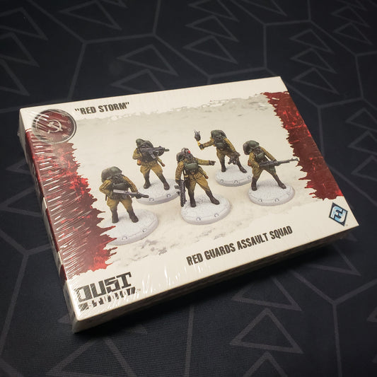 Image shows the front cover of the box of the Red Guards Assault Squad: "Red Storm" pack for the miniatures game Dust Tactics