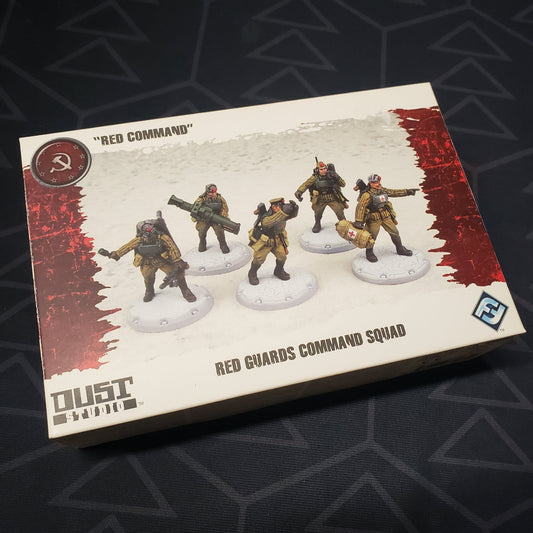 Image shows the front cover of the box of the Red Guards Command Squad: "Red Command" pack for the miniatures game Dust Tactics