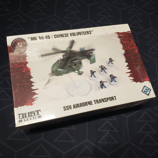 Image shows the front cover of the box of the SSU Airborne Transport: "MIL MI-45 / Chinese Volunteers" pack for the miniatures game Dust Tactics