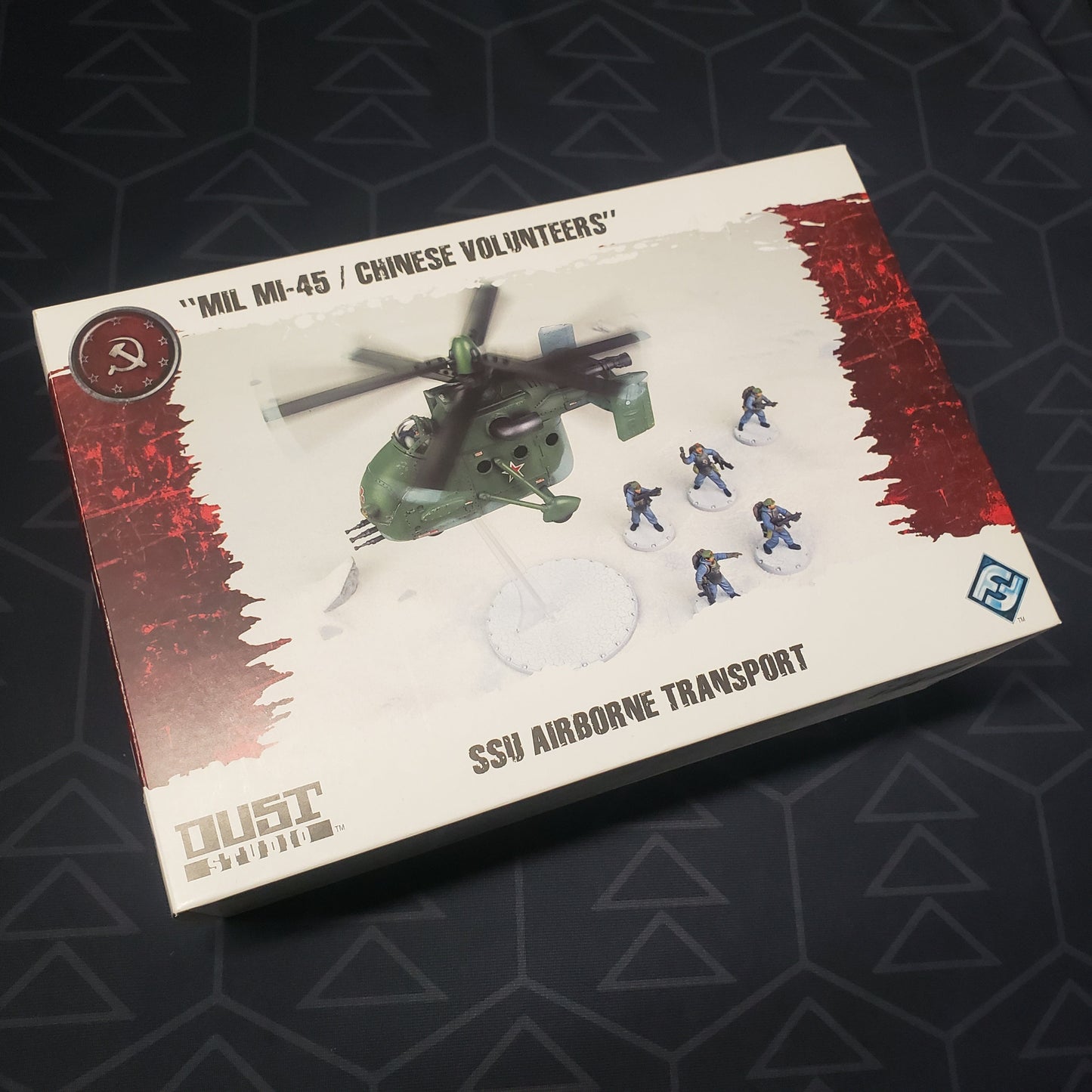 Image shows the front cover of the box of the SSU Airborne Transport: "MIL MI-45 / Chinese Volunteers" pack for the miniatures game Dust Tactics