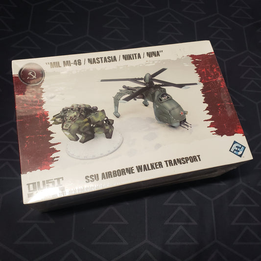 Image shows the front cover of the box of the SSU Airborne Walker Transport: "MIL MI-46 / Nastasia / Nikita / Nina" pack for the miniatures game Dust Tactics