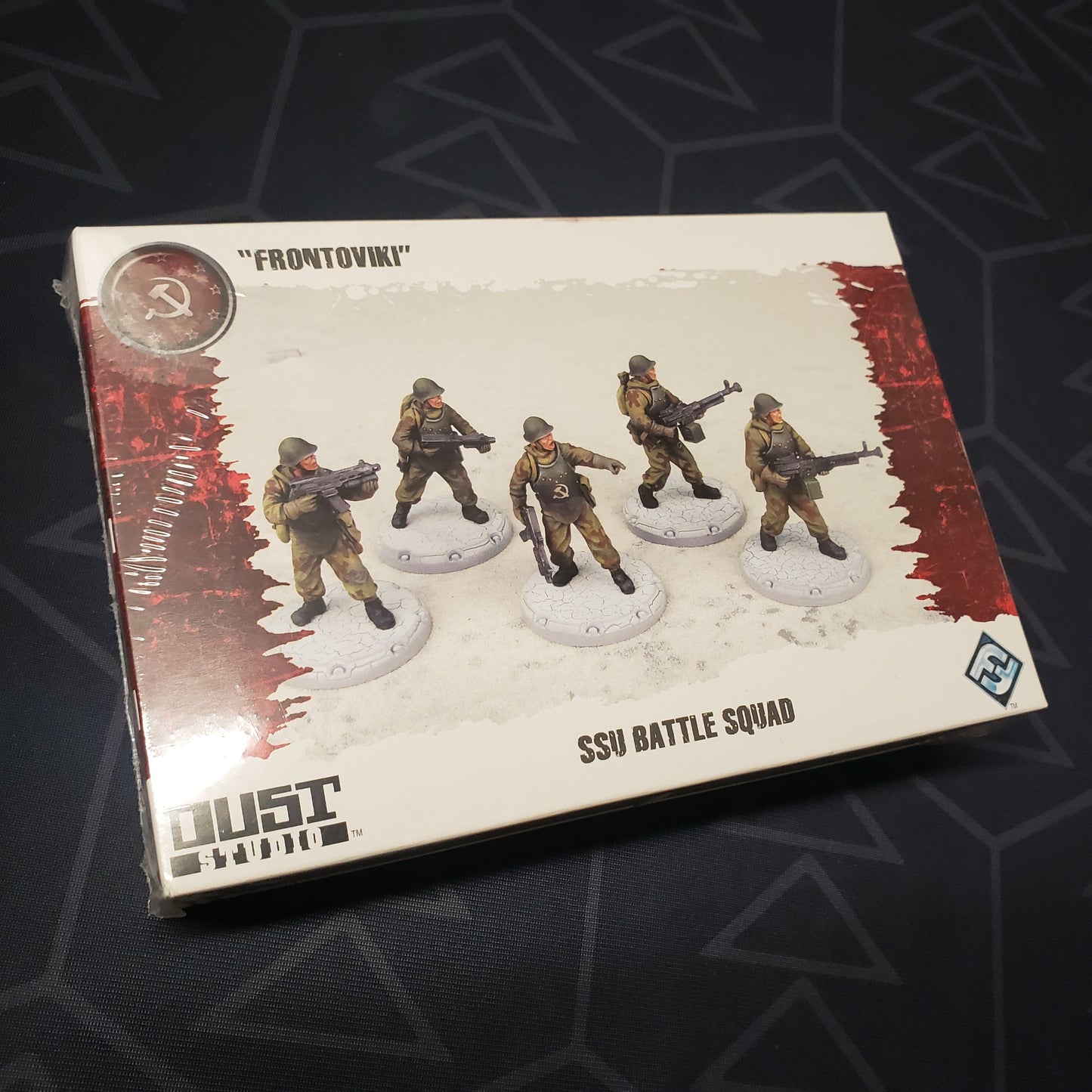 Image shows the front cover of the box of the SSU Battle Squad: "Frontoviki" pack for the miniatures game Dust Tactics