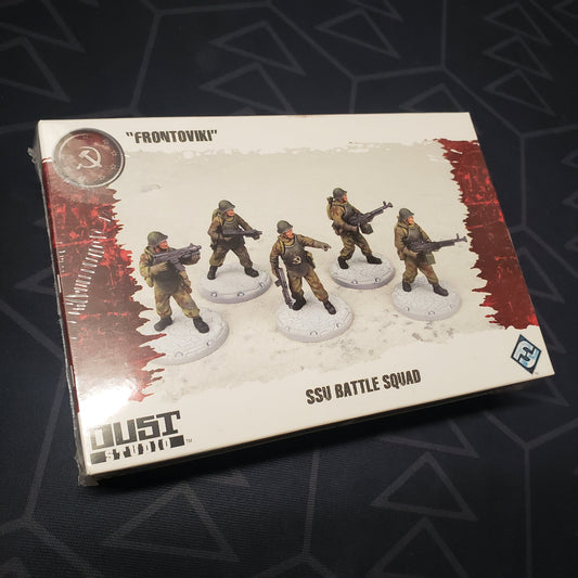Image shows the front cover of the box of the SSU Battle Squad: "Frontoviki" pack for the miniatures game Dust Tactics