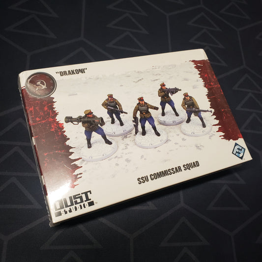 Image shows the front cover of the box of the SSU Commissar Squad: "Drakoni" pack for the miniatures game Dust Tactics