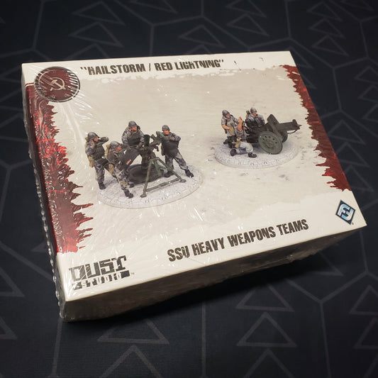 Image shows the front cover of the box of the SSU Heavy Weapons Teams: "Hailstorm / Red Lightning" pack for the miniatures game Dust Tactics