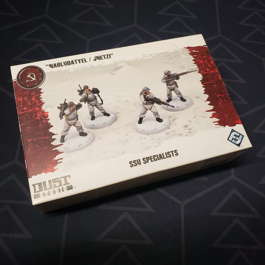 Image shows the front cover of the box of the SSU Specialists: "Nabludatyel / Jnetzi" pack for the miniatures game Dust Tactics