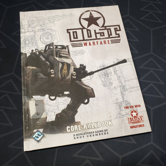 Image shows the front cover of the core rulebook for the miniatures game Dust Warfare