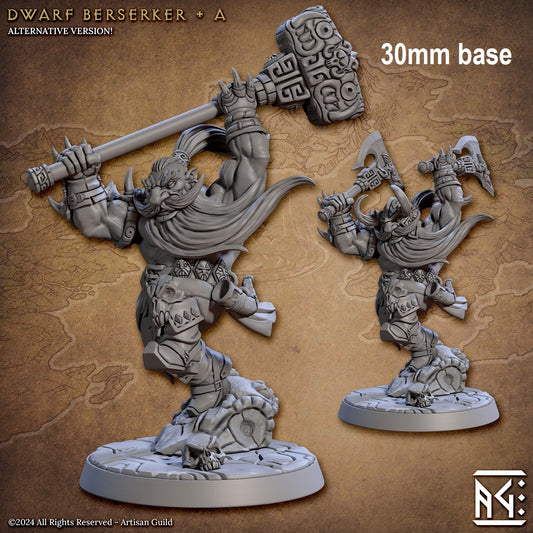 Image shows a 3D render of two options for a dwarf berserker gaming miniature, one holding a warhammer and one holding two axes wearing a helmet
