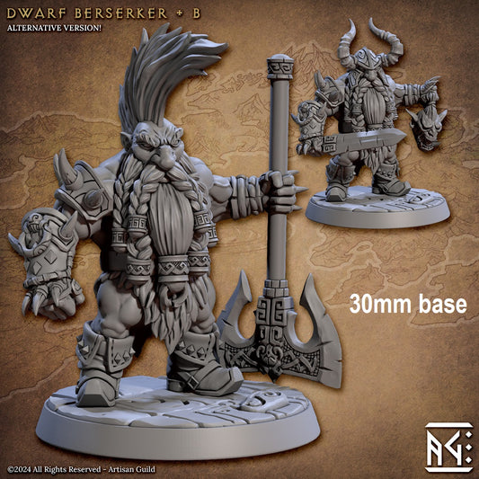 Image shows a 3D render of two options for a dwarf berserker gaming miniature, one holding a large axe with a mohawk and one holding a sword and a decapitated orc head wearing a helmet