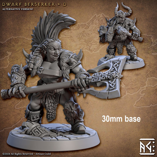 Image shows a 3D render of two options for a dwarf berserker gaming miniature, one holding a two-handed axe with a mohawk and one holding two hammers wearing a helmet