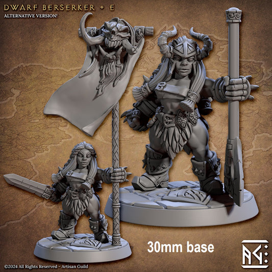 Image shows a 3D render of two options for a dwarf berserker gaming miniature, one holding a sword and a tall banner and one holding a large axe wearing a helmet
