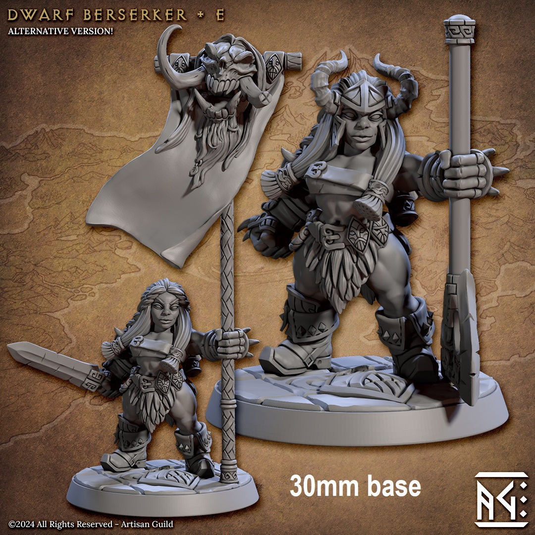 Image shows a 3D render of two options for a dwarf berserker gaming miniature, one holding a sword and a tall banner and one holding a large axe wearing a helmet