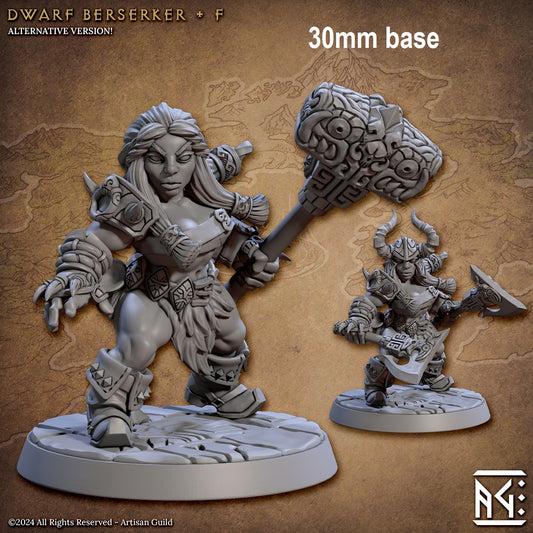 Image shows a 3D render of two options for a dwarf berserker gaming miniature, one holding a warhammer and one holding two axes wearing a helmet