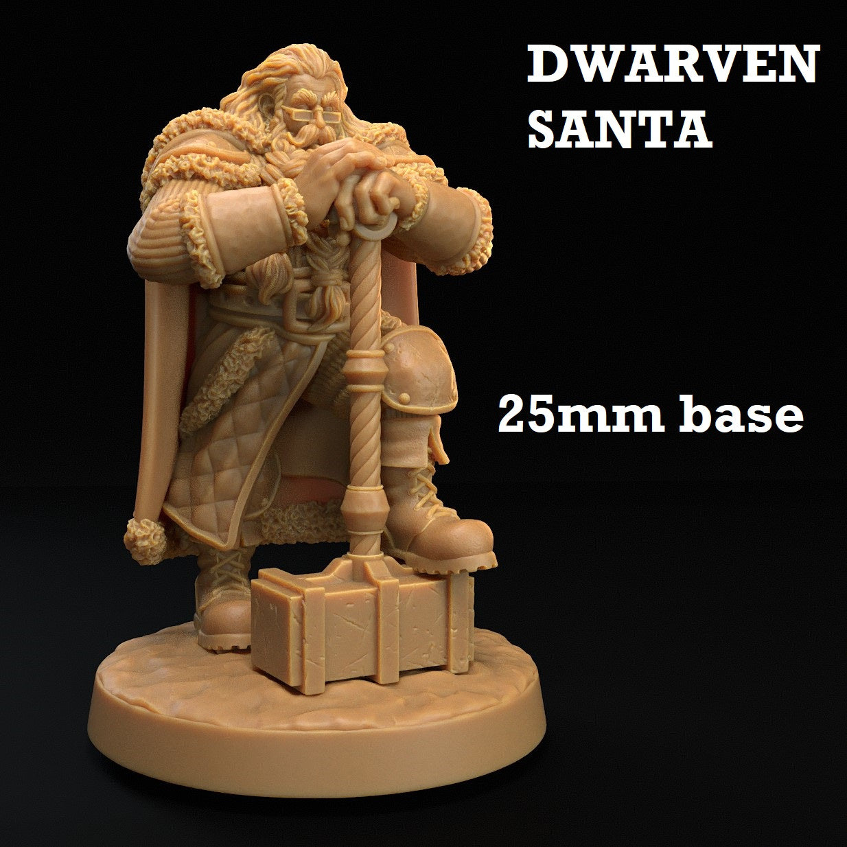 Image shows a 3D render of a dwarven Santa gaming miniature holding a large hammer