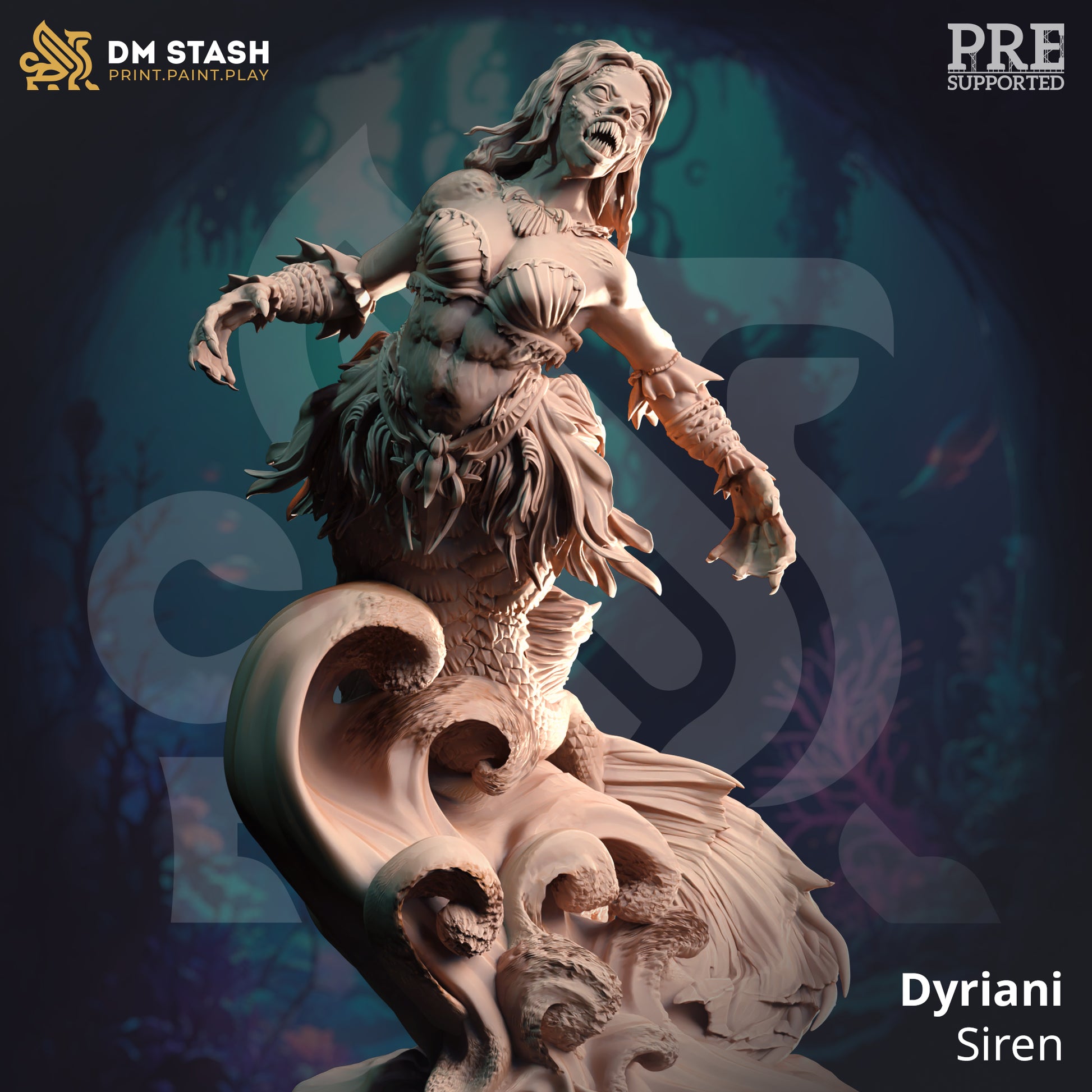 Image shows a 3D render of an angry siren gaming miniature rising on a wave