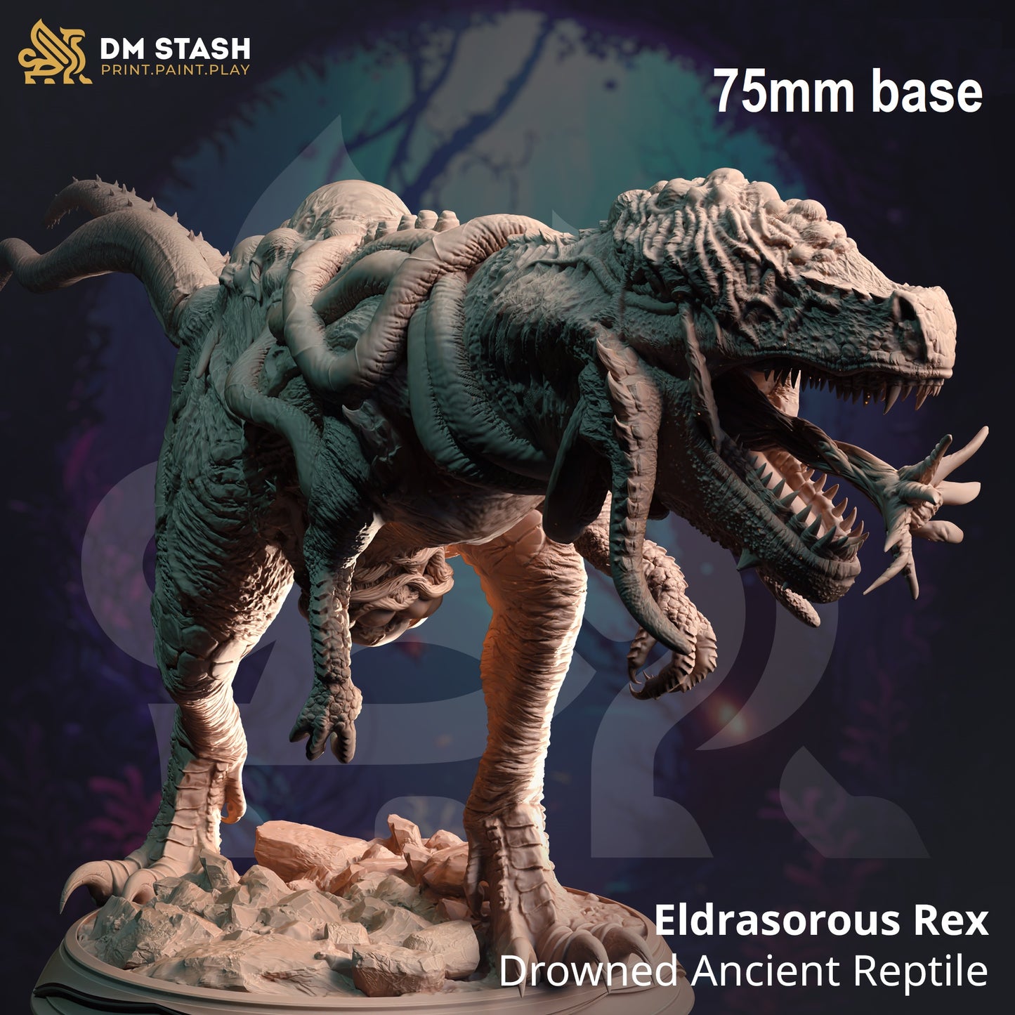 Image shows a 3D render of a deep sea dinosaur horror gaming miniature covered in tentacles and with a long flower-like monster tongue