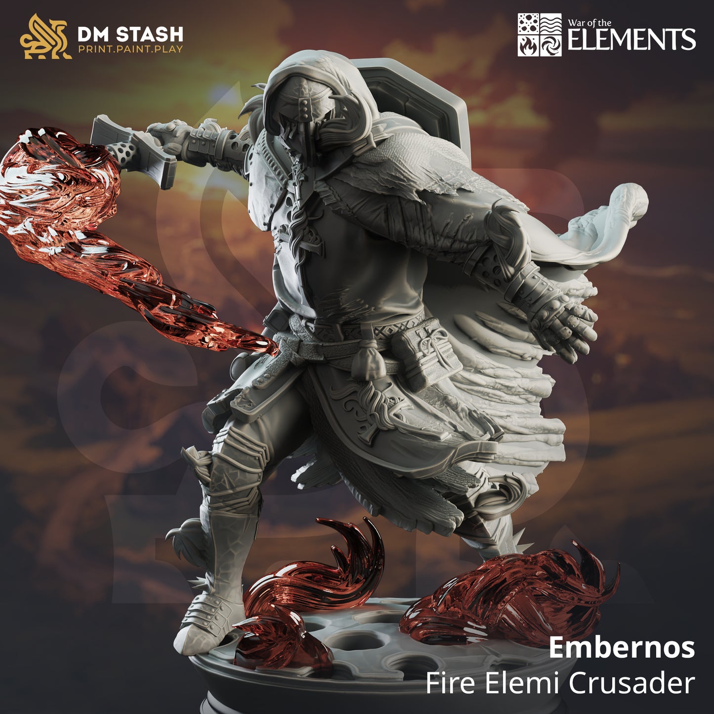 Image shows an 3D render of a fire elemi gaming miniature holding a flaming sword