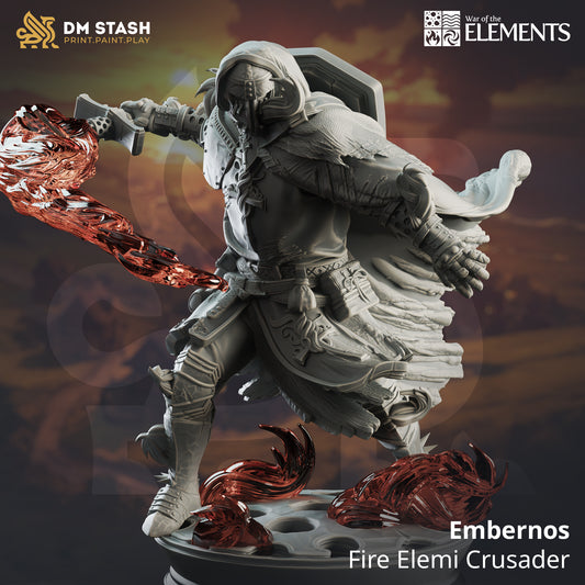 Image shows an 3D render of a fire elemi gaming miniature holding a flaming sword