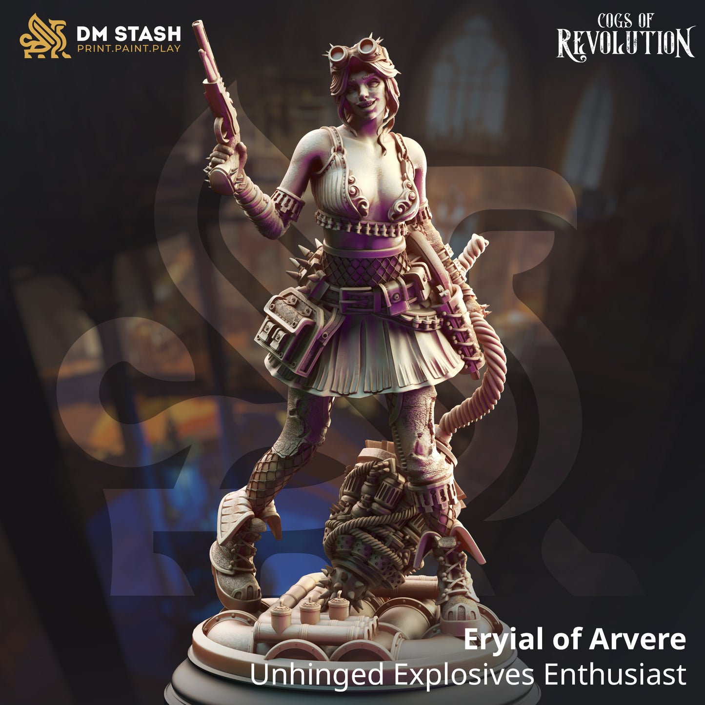Image shows a 3D render of a steampunk human demolitionist gaming miniature.