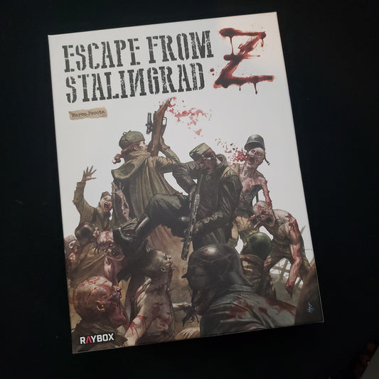 Image shows the front cover of the box of the escape from Stalingrad Z board game