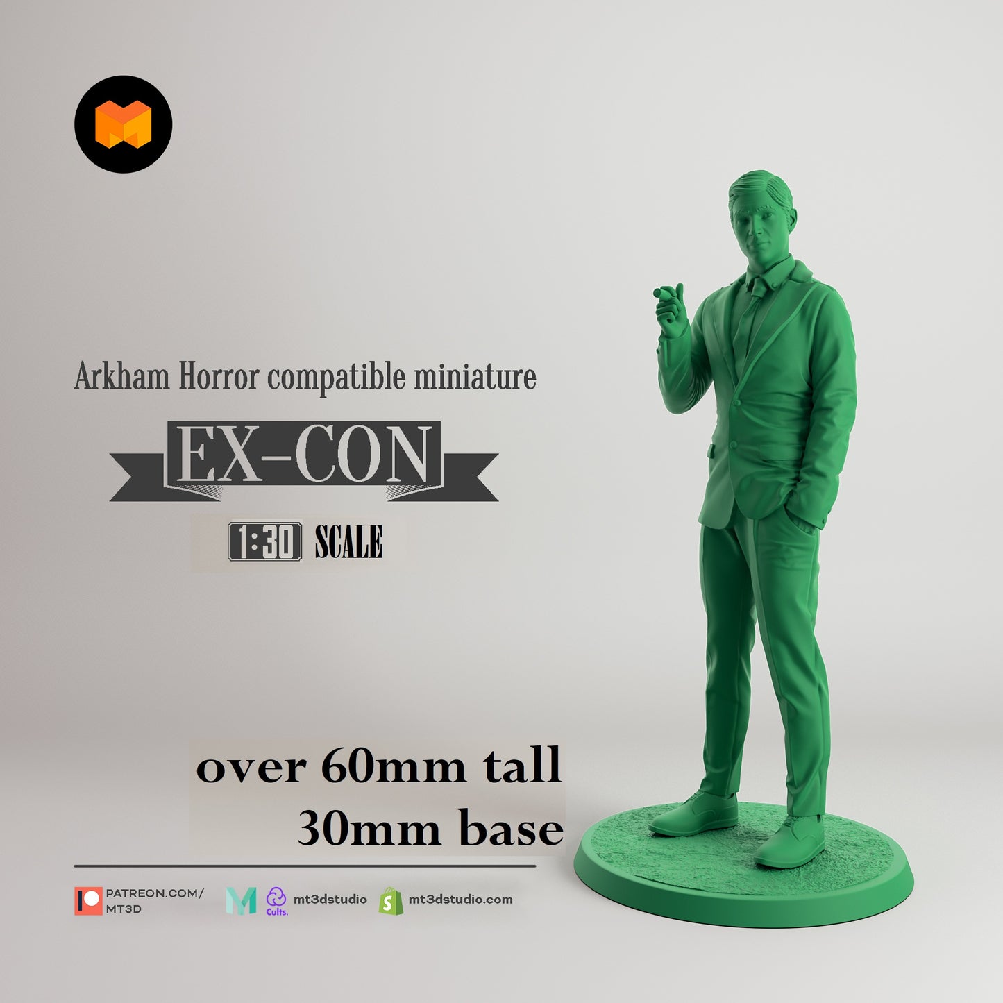 Image shows a 3D render of a 1920s-era con man gaming miniature.