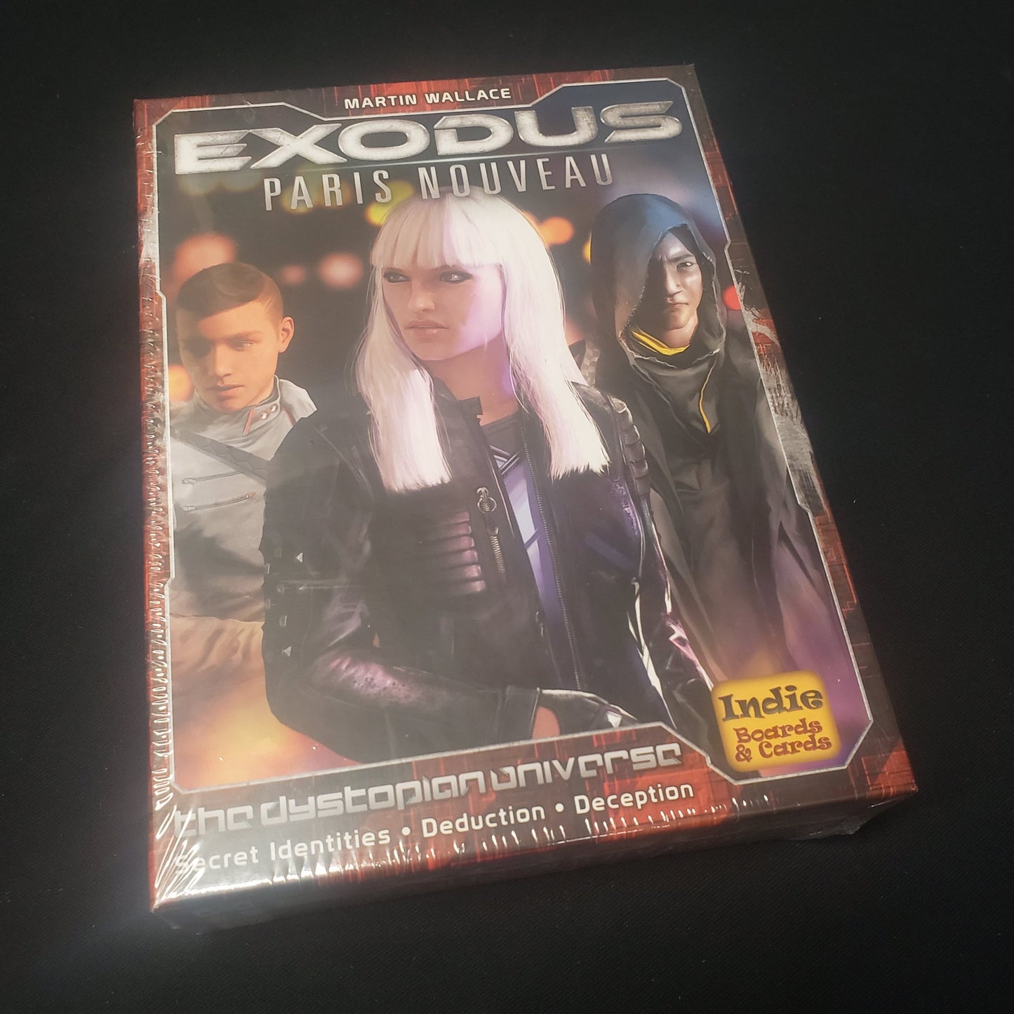 Image shows the front cover of the box of the Exodus: Paris Nouveau card game