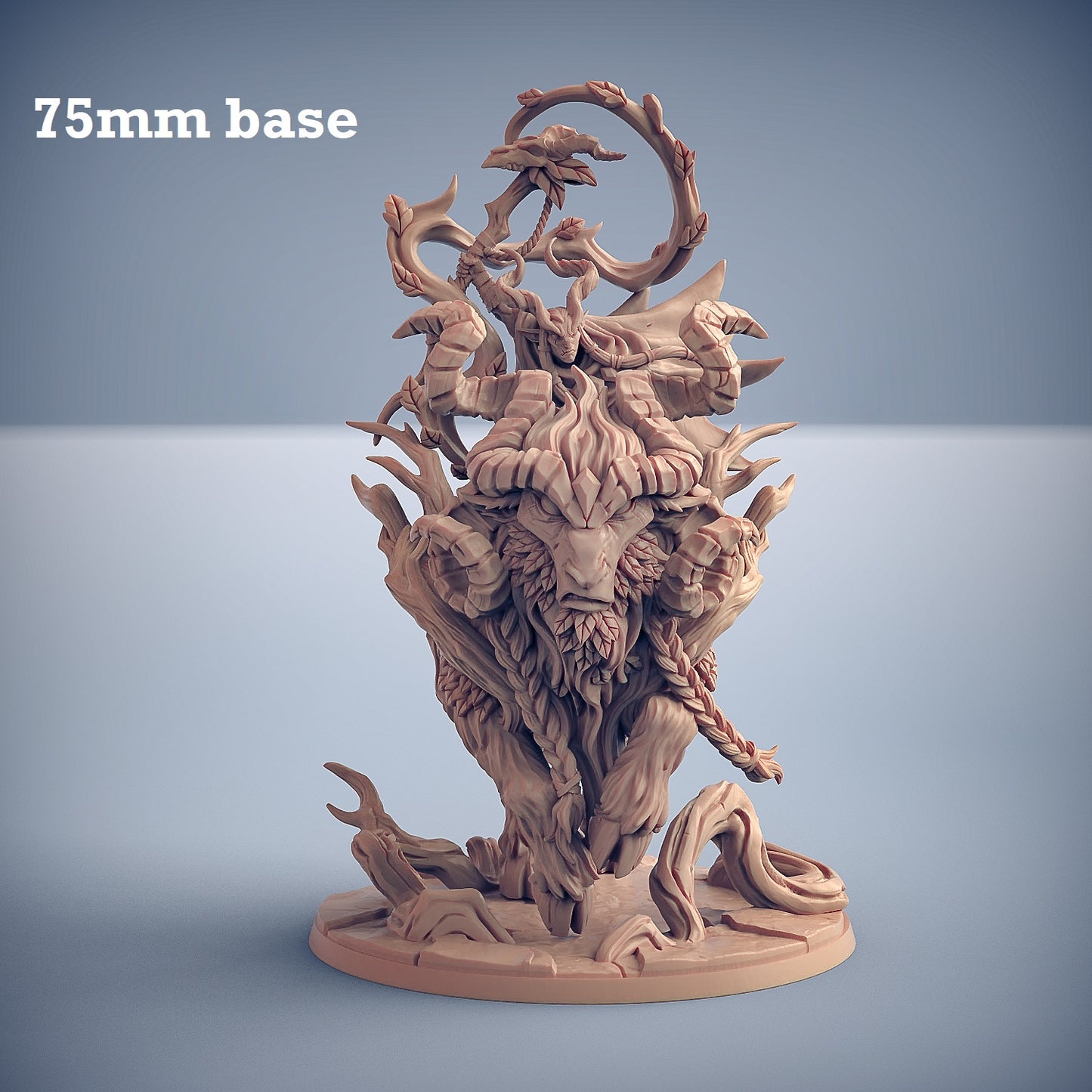 Image shows a 3D render of a horned forest spirit beast gaming miniature, with a faun druid riding on its back