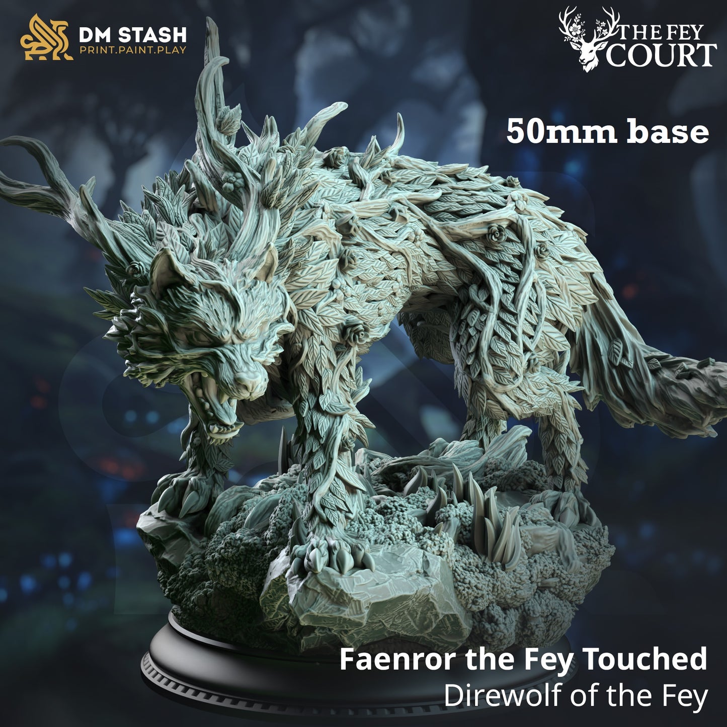 Image shows a 3D render of a fey direwolf gaming miniature.