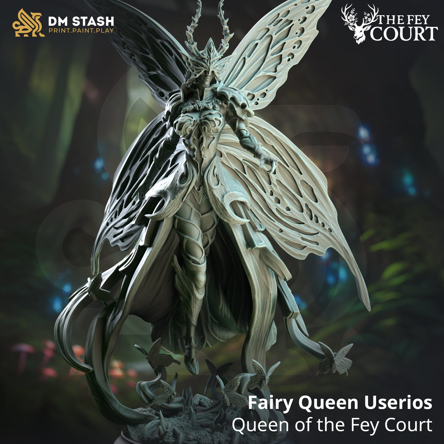 Image shows a 3D render of a fairy queen gaming miniature.