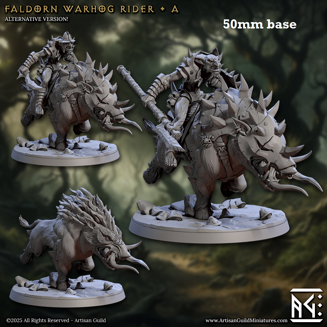Image shows 3D renders for multiple different sculpt options for a gaming miniature featuring a hobgoblin soldier right a warhog
