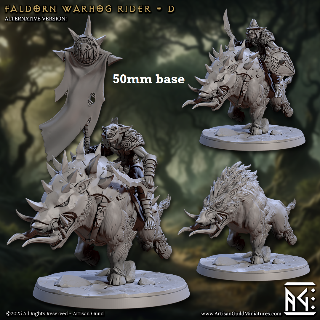 Image shows 3D renders for multiple different sculpt options for a gaming miniature featuring a hobgoblin soldier riding a warhog